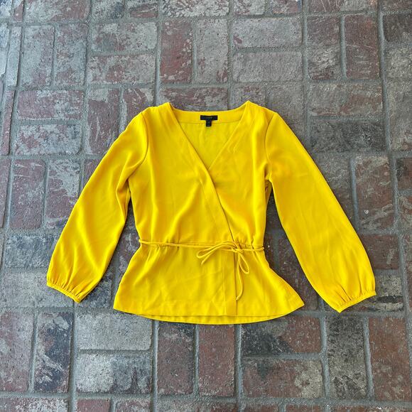 J. Crew Mustard Yellow Blouse Faux Wrap Top V-Neck Belted Size 4 - Picture 1 of 3